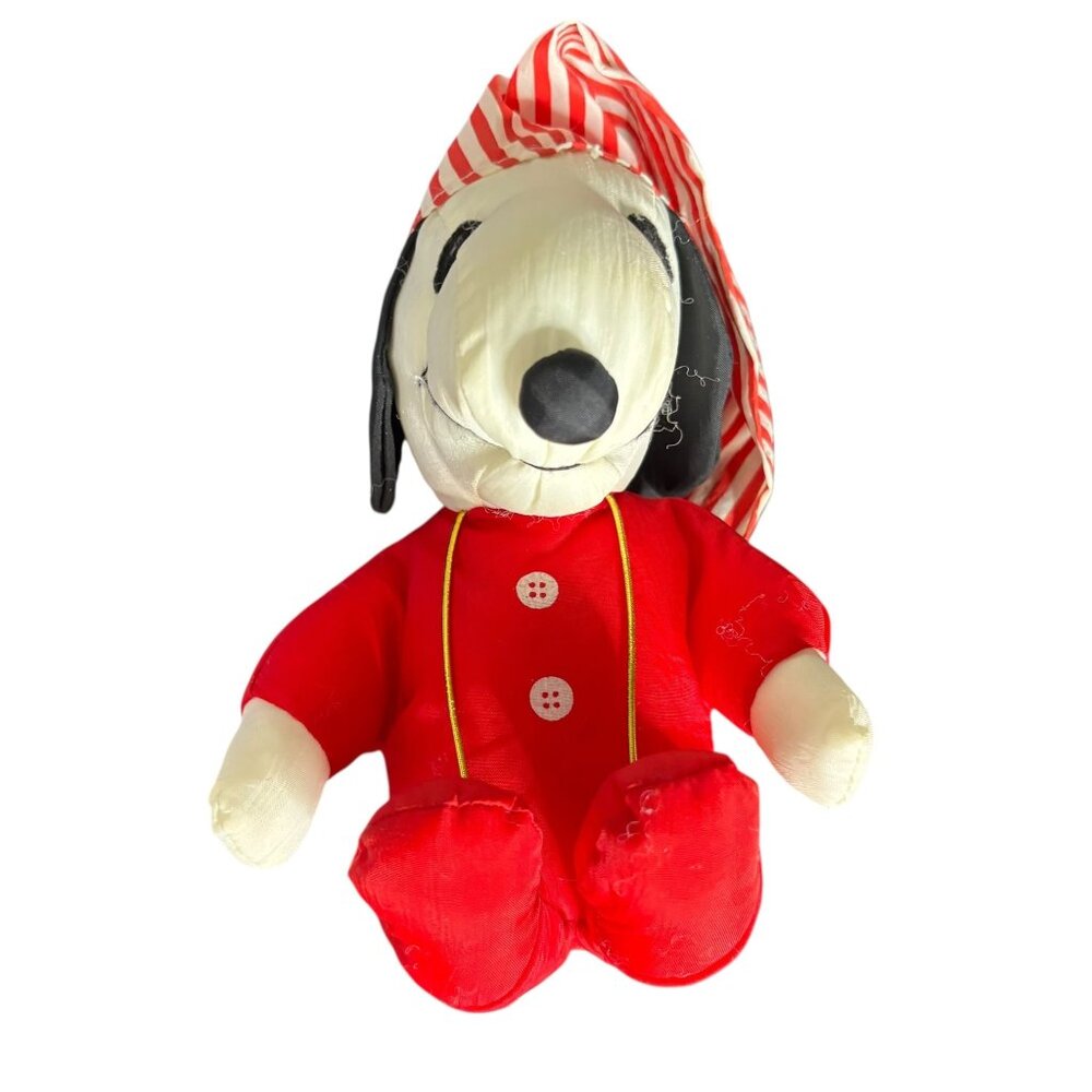 Vintage 90s Peanuts Sitting Snoopy Plush Christmas Pajama Red Hat Nylon Toy
